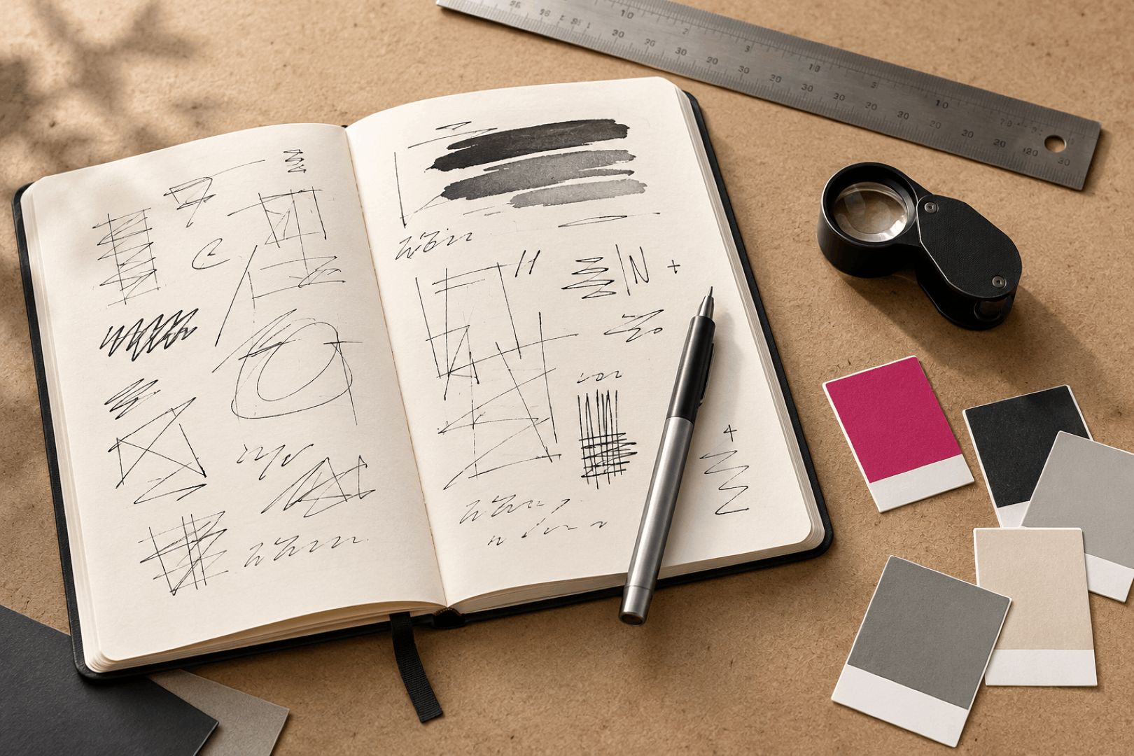 An open notebook filled with rough design sketches, next to a loupe, ruler and stacked colour swatches