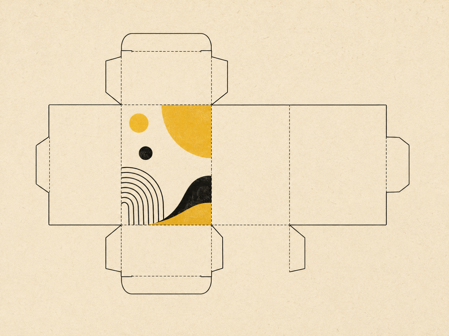 A flat packaging die-line template with dashed fold lines and an abstract yellow and black pattern on one panel