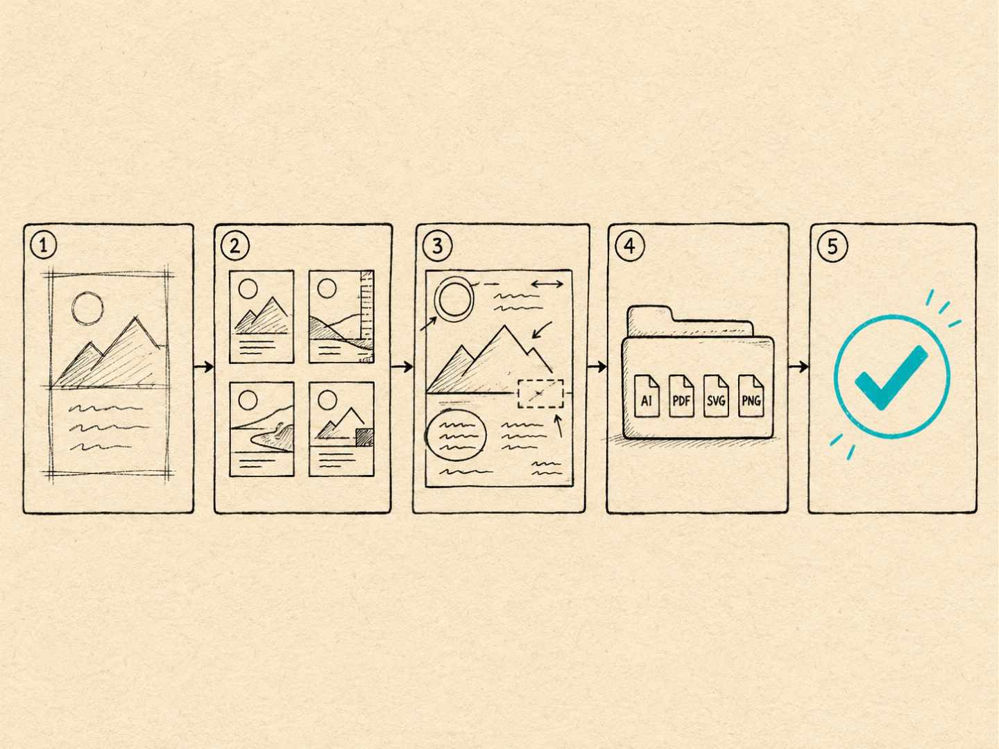 Five numbered panels showing a design project's progress from rough sketch to final approved file with exported formats