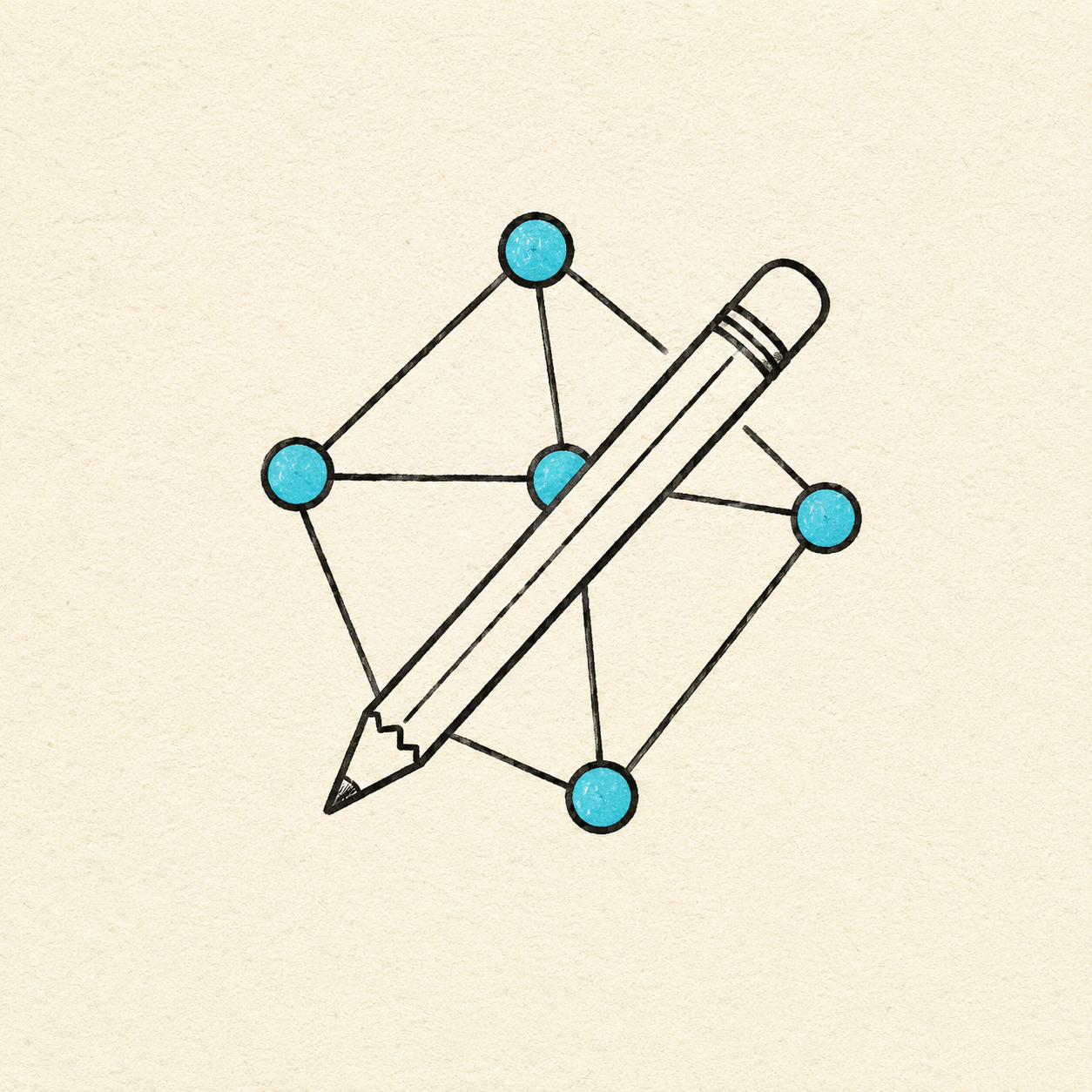 A pencil overlapping a network diagram of connected nodes, representing AI and design working together