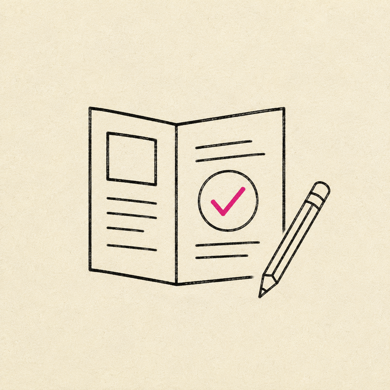 An open design brief document with a checkmark, next to a pencil