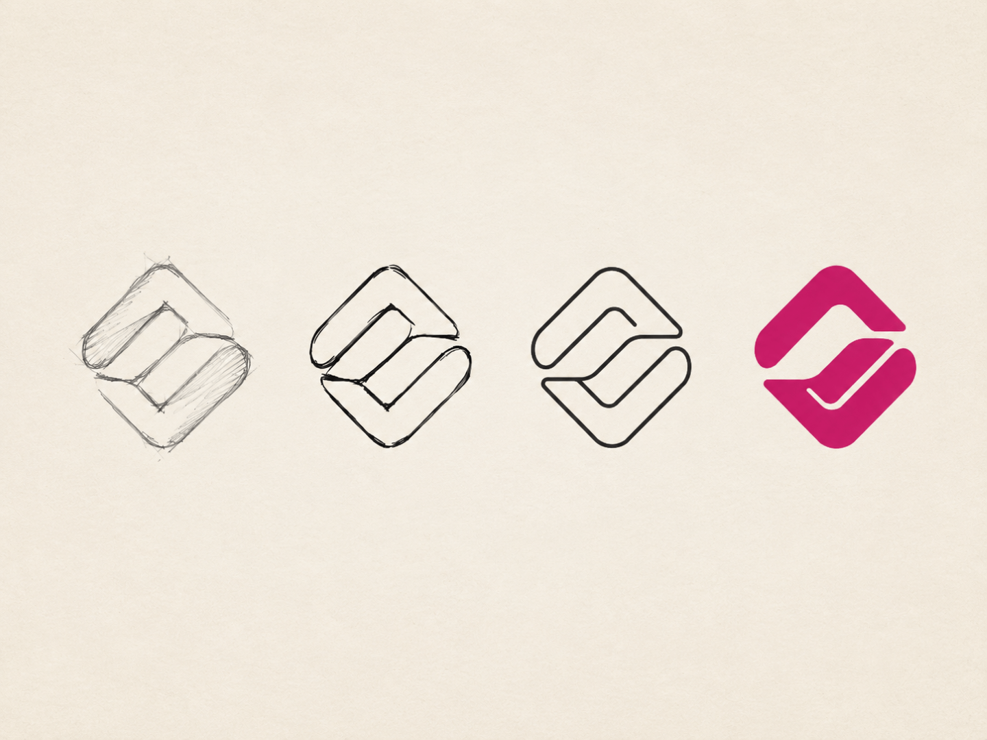 Four stages of a logo mark shown side by side, from a rough pencil sketch through to a finished coloured version