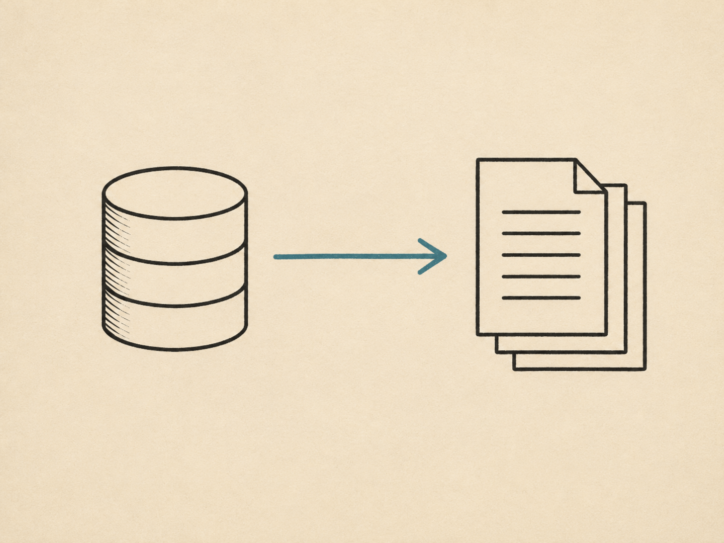 A database icon with an arrow pointing to a stack of content pages