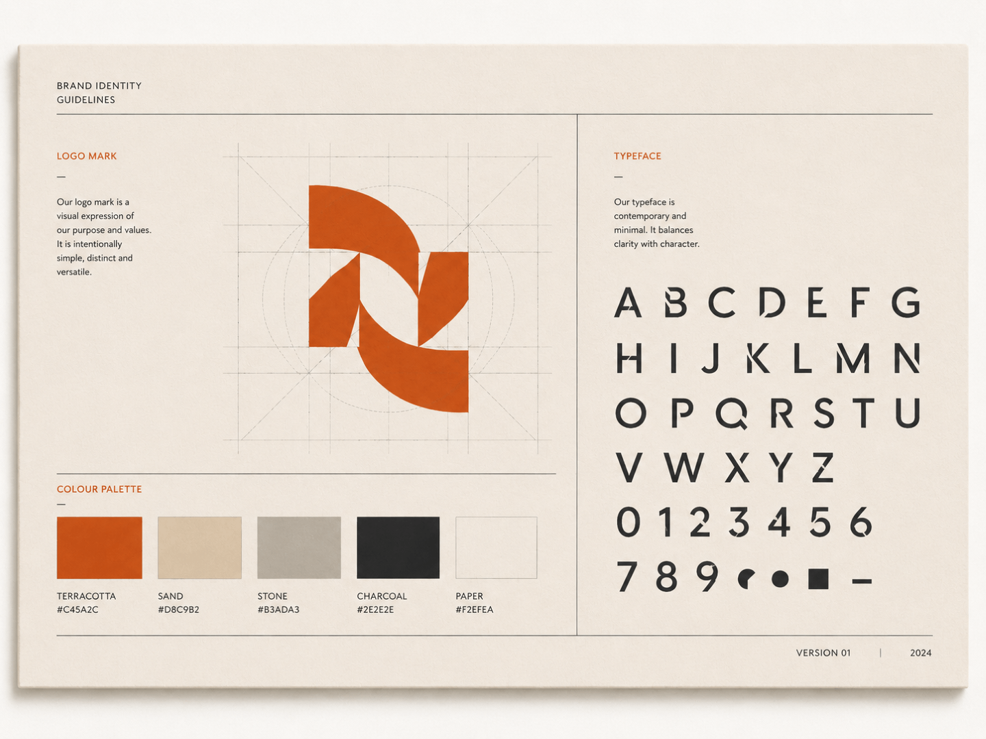 A brand identity guideline sheet showing a logo mark, colour palette and typeface specimen