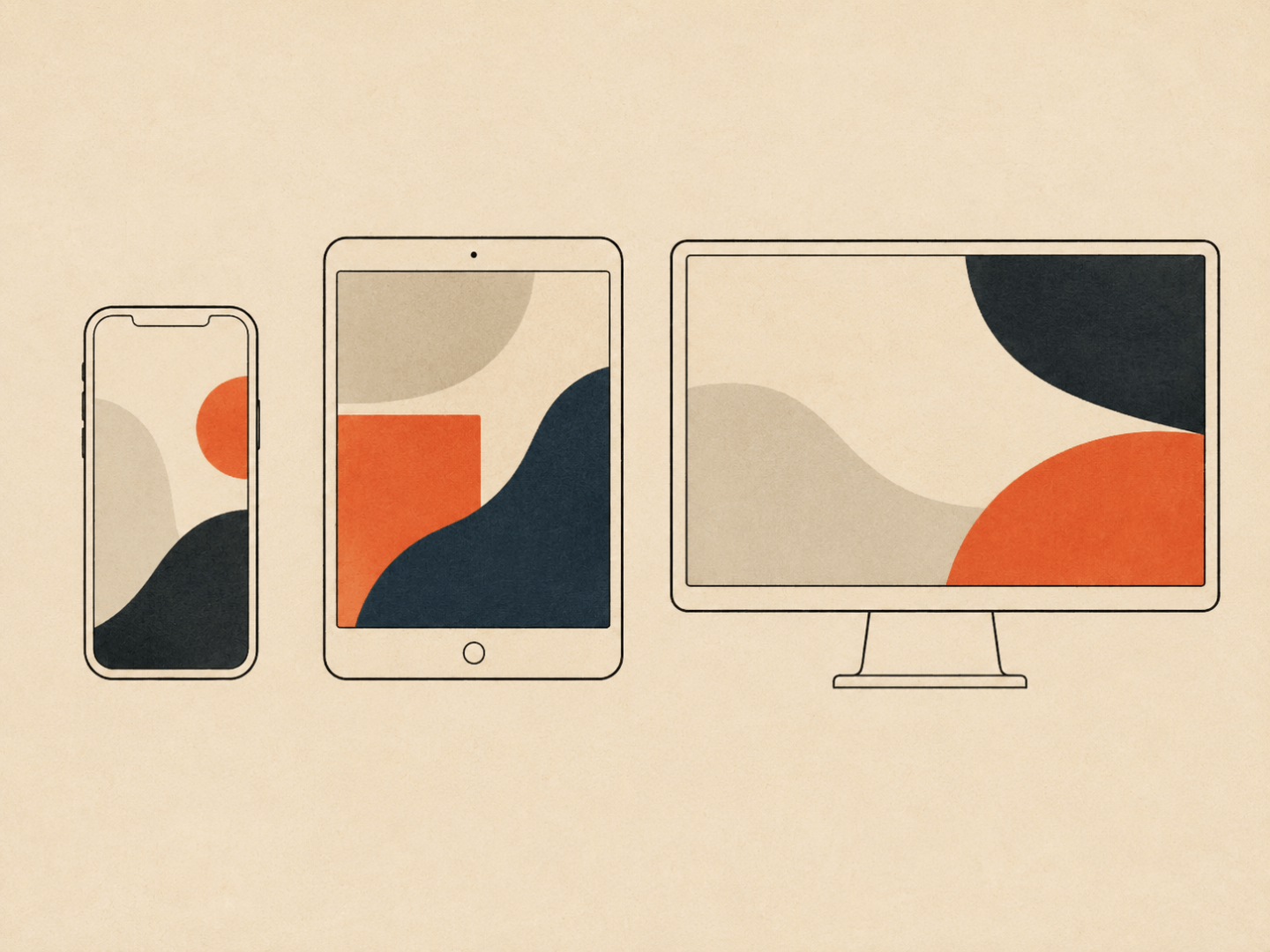 A phone, tablet and monitor each displaying the same abstract geometric design at different sizes