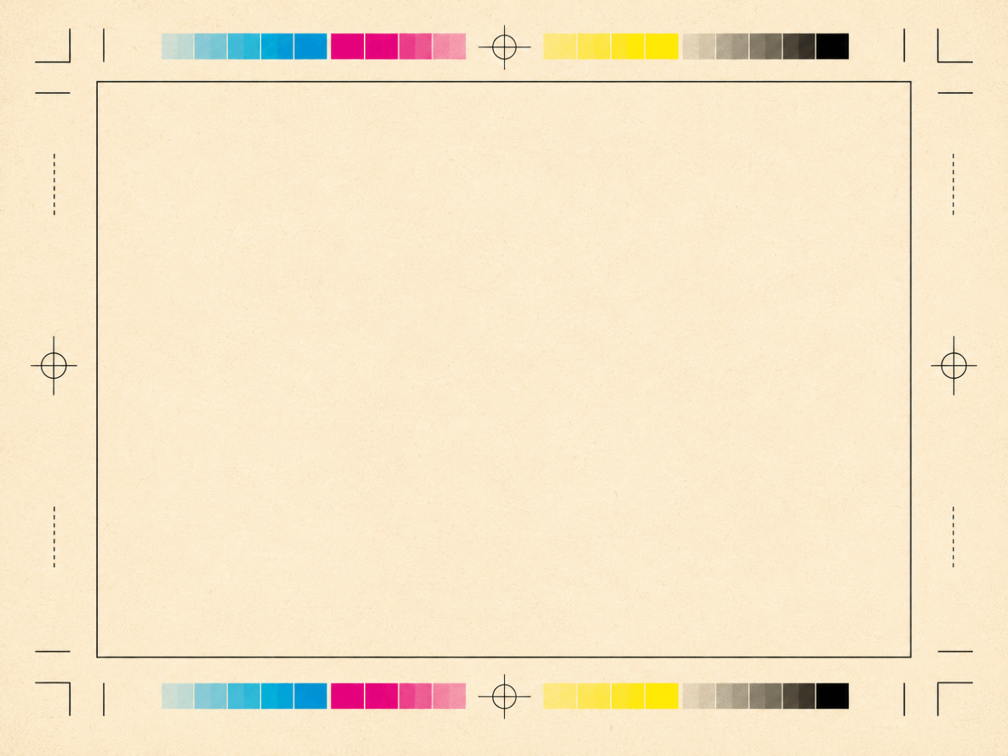 A print proof template with CMYK colour bars, crop marks and registration marks framing a blank panel