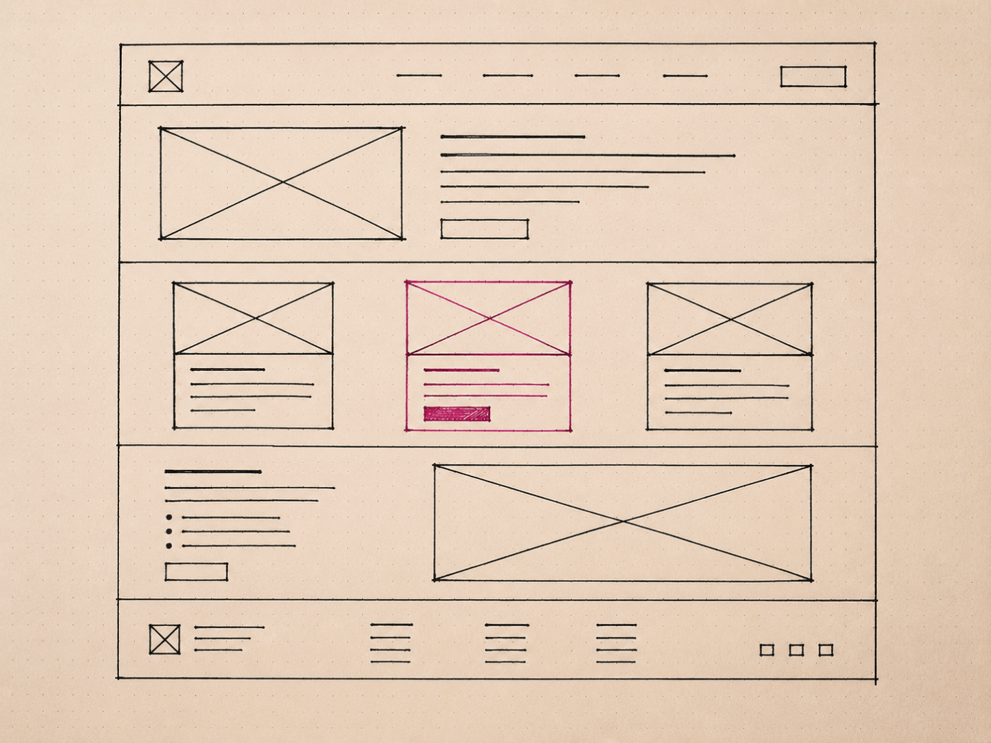 An abstract layout wireframe sketch of boxes and lines for a webpage